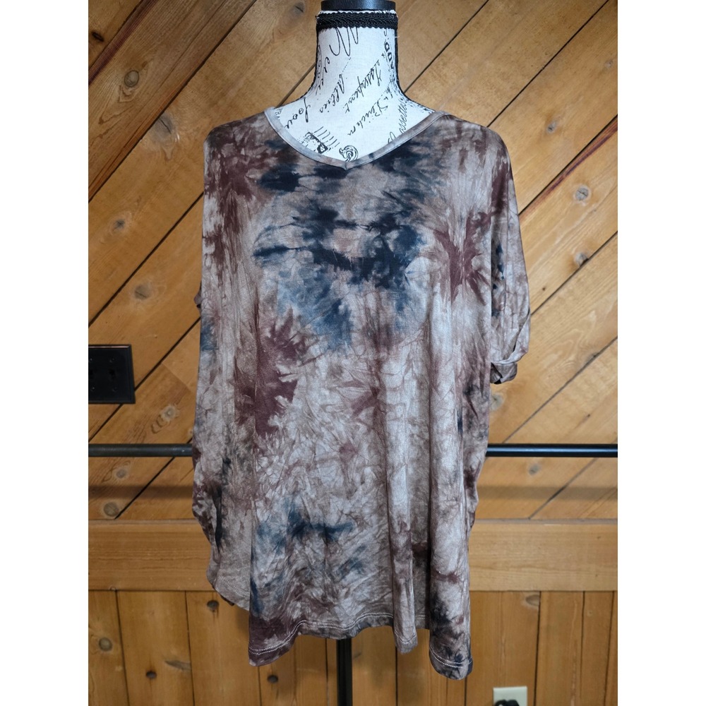 Coin 1804 Women 2X Tie Dye V-Neck‎ Short Sleeve Oversized Top Brown Black NWT